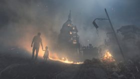 A father and child walk into a destroyed city and government buildings.